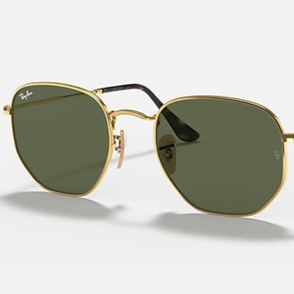 NEW RAY-BAN Hexagonal Flat Lenses Polished Arista Gold Frame, G-15 Green Lenses - Picture 1 of 2